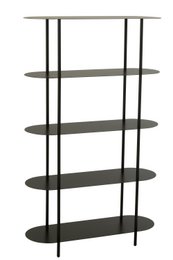 Tall black iron bookcase with five oval shelves and vertical supports, modern minimalist design.