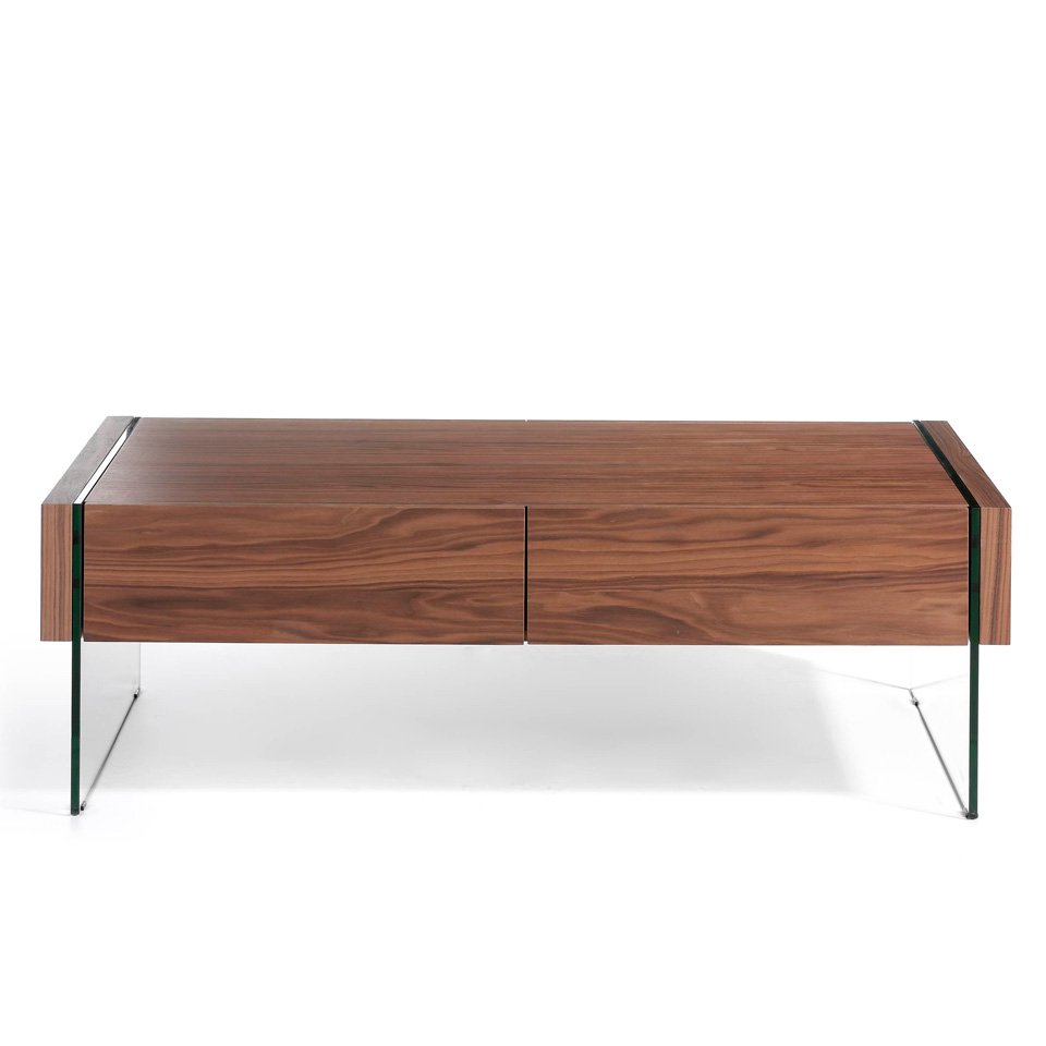 Walnut wood coffee table and tempered glass