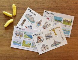 Illustrated postcards featuring landmarks and attractions of Nantes, a city in France. The postcards depict various sights such as the Château des Ducs de Bretagne, the Cathédrale Saint-Pierre-et-Saint-Paul, and the Passage Pommeraye.