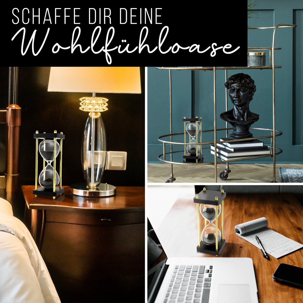 Edle Sanduhr Chronometrie I Dekorative Sanduhr fra Glas mit feinem schwarz-schimmernden Sand veredelt mit goldenen Seitstützen