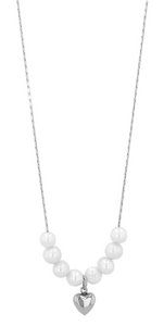 "Amma" stainless steel chain + pendant - heart/freshwater pearls, 42+5 cm, silver-colored