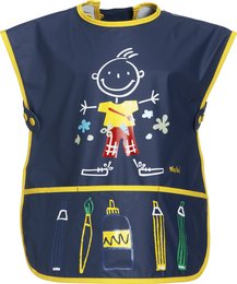 Navy blue painting apron with a smiling stick figure design and various art supplies printed on it. The apron has a yellow trim and appears to be made of a durable, water-resistant material suitable for messy art projects.