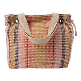 A large, woven travel bag in a vibrant orange and beige striped pattern, measuring 35x35x15cm.