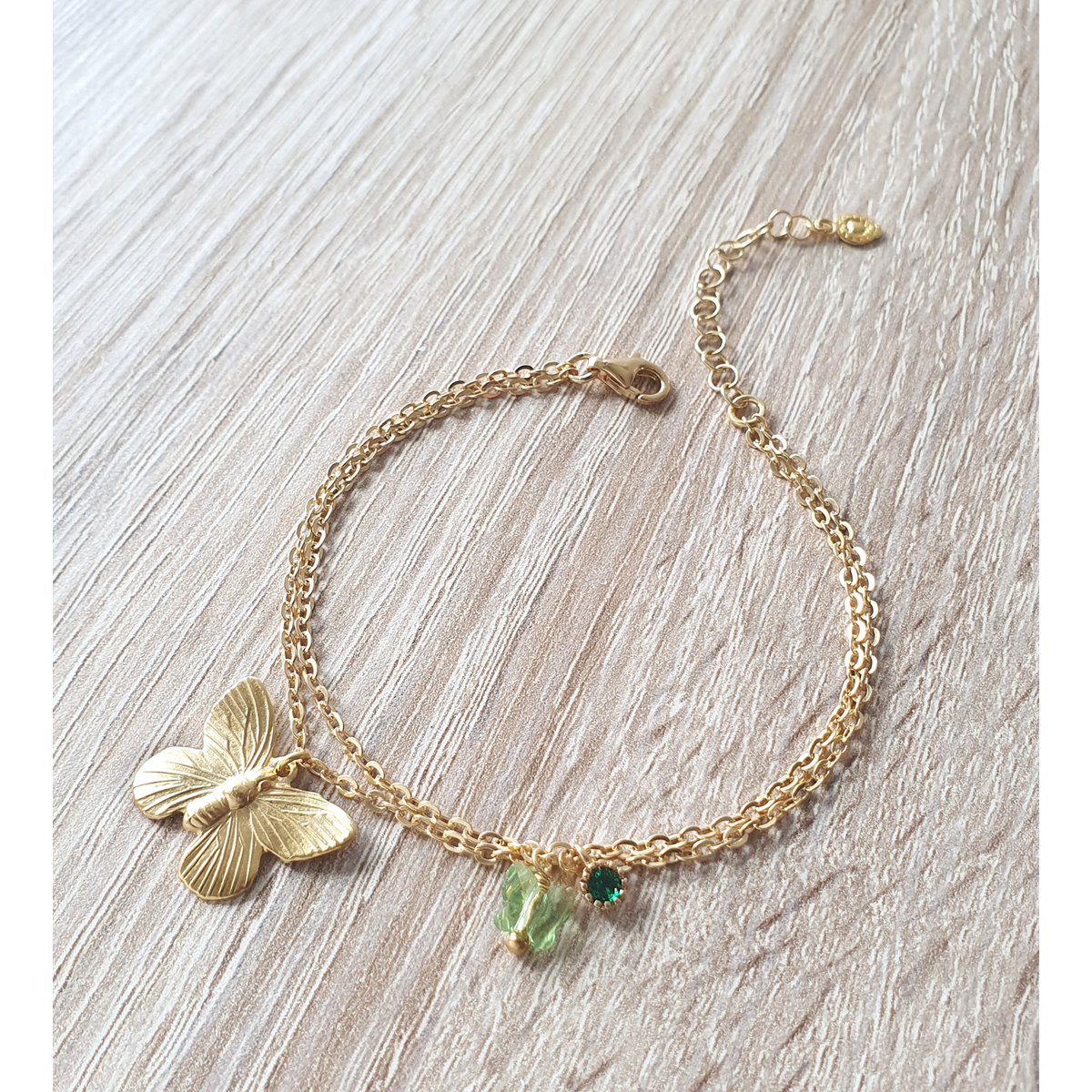 18K gold plated double chain butterfly and Emerald bracelet