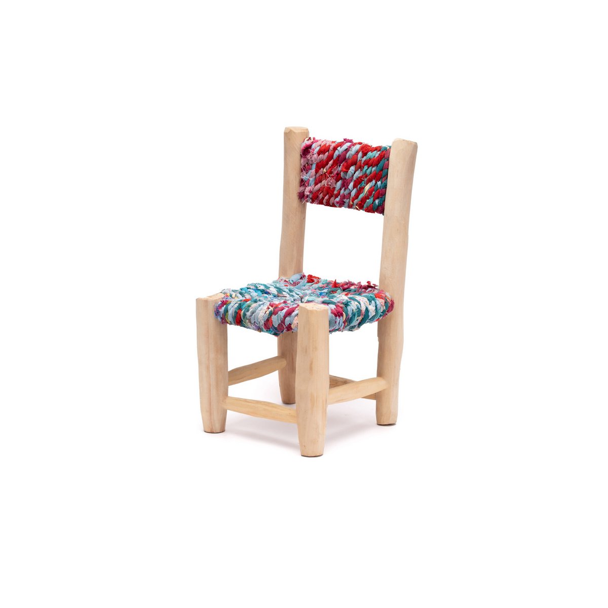 Silla Infantil, Sillita de Madera Natural tejido Boucherouite y Tela Multicolor, Silla Artesanal. Asiento infantil