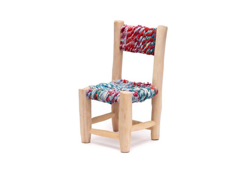 Children's Chair, Natural Wood Chair made of Boucherouite fabric and Multicolor Fabric, Handmade Chair. Child seat