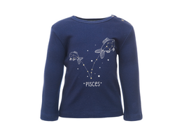 Navy blue long sleeve t-shirt with pisces constellation print in front, suitable for babies 6 months to 3 years old.