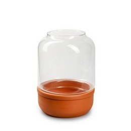 Ceramic base lantern with glass dome, 22 cm tall, 17 cm diameter. Warm orange ceramic base with clear glass dome. Suitable for storage or decorative use.