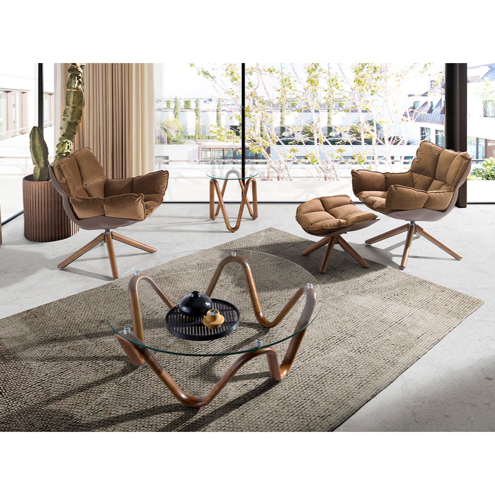 Round tempered glass and walnut coffee table 2124