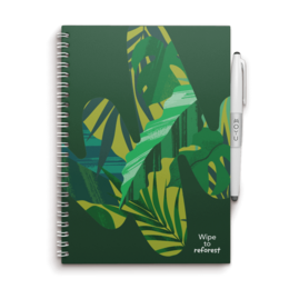 Tropical-themed hardcover notebook with 12 erasable pages, featuring a vibrant green and yellow leaf pattern design.