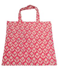 Pink geometric diamond pattern blockprinted cotton tote bag with handles, large capacity shopping bag.