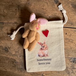 Pink and tan plush bunny rabbit with heart, soft fabric pouch, "Somebunny loves you" text, cute gift plushie.
