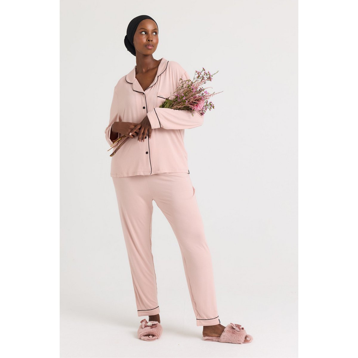 Set pigiama lungo in bambù rosa