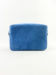 Blue suede coin pocket wallet with zipper closure.