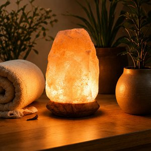 Himalayan Salt Crystal USB Lamp – Rock 600g – Wooden Base – Decorative Object