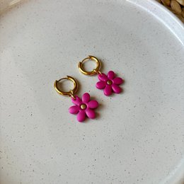 Rouge Daisy- aros - Pendientes de aro y flor fucsia