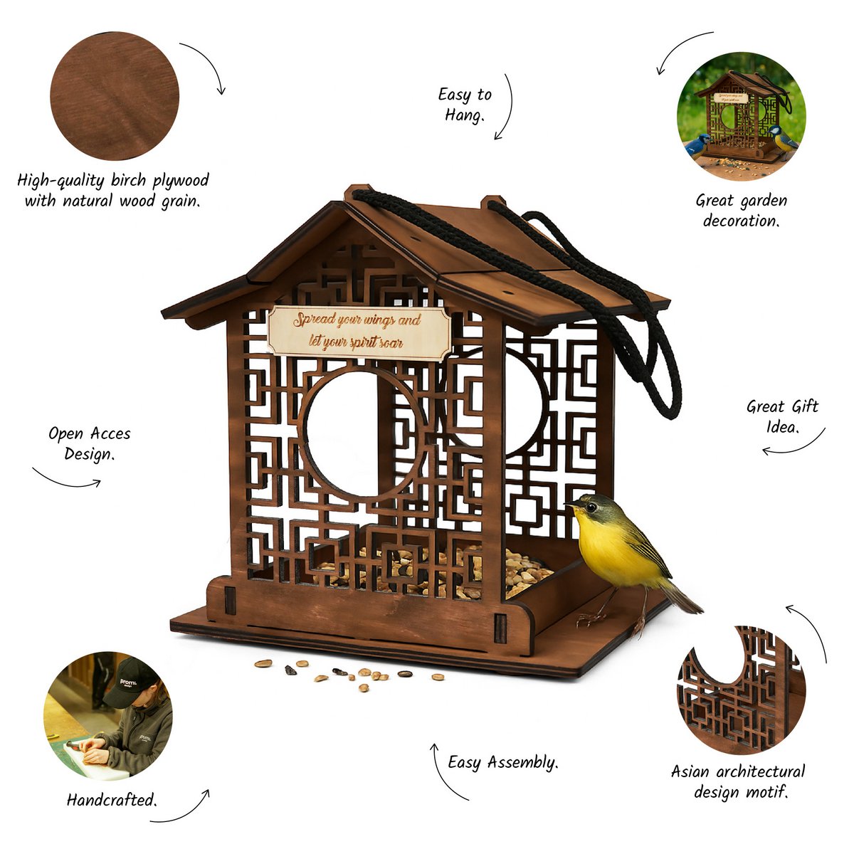 Wooden Bird Feeder for Small Birds, Functional Outdoor Decor for Gardens and Patios