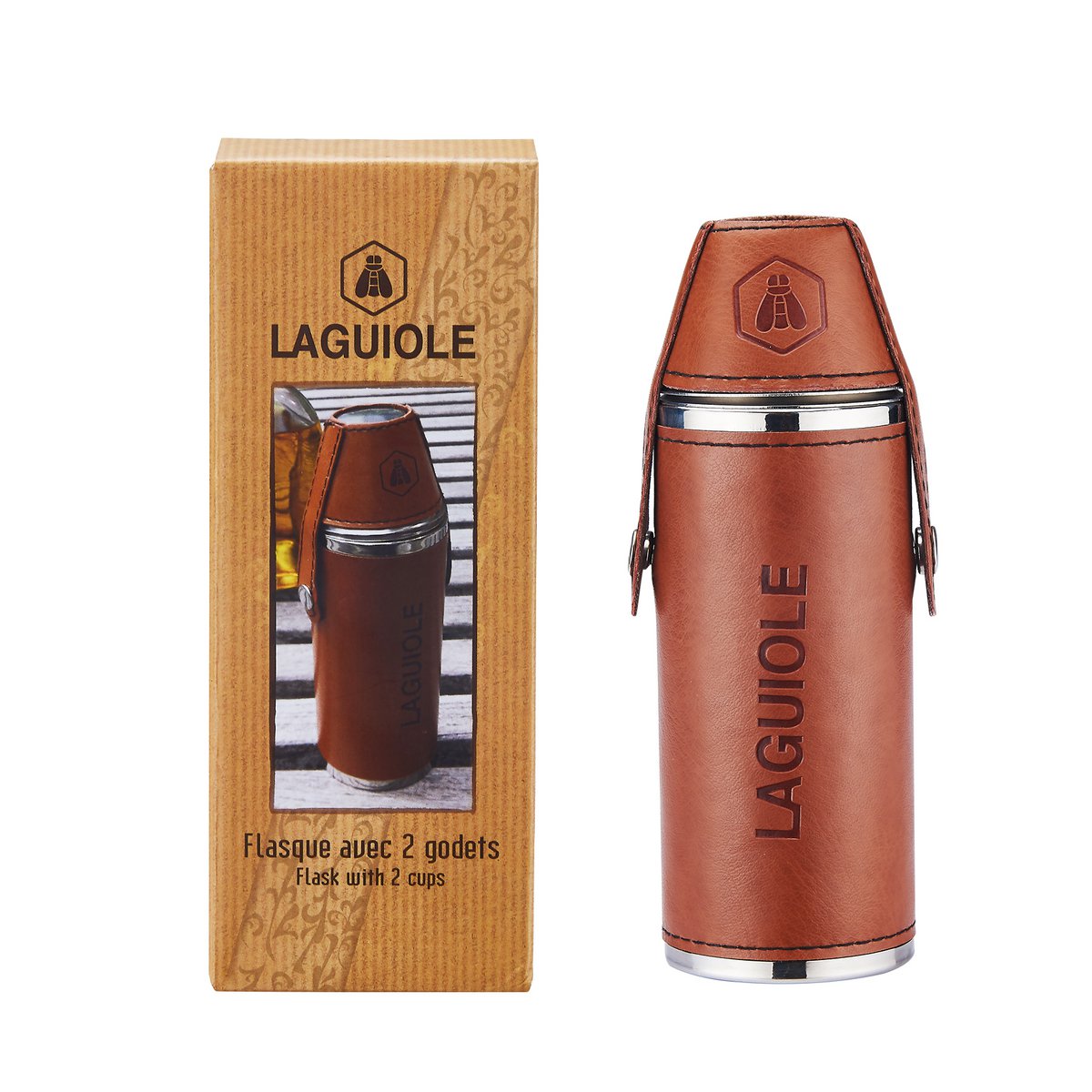 laguiole steel flask + 2 cups HIPFLASK 2 CUPS PU WRAPPED BROWN 8 OZ