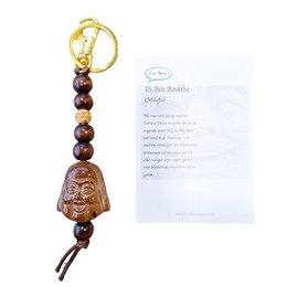 Brown wooden Buddha keychain with beads, gold-tone ring, spiritual charm pendant.