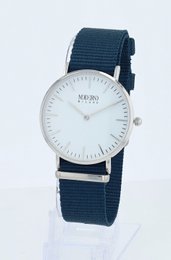 Moderno Milano stainless steel women's watch 36.5 mm, sapphire crystal & nylon NATO strap (blue), silver-colored