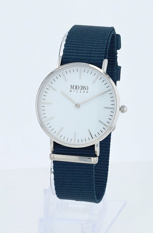 Moderno Milano stainless steel women's watch 36.5 mm, sapphire crystal & nylon NATO strap (blue), silver-colored