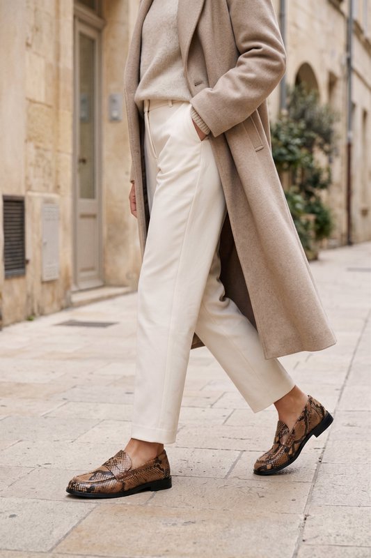 EMILIA SNAKE TAUPE – Flache Loafer aus weichem Leder