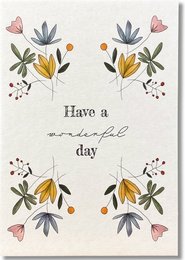 Colorful floral design with the text "Have a wonderful day" in the center. The image features various leaves, flowers, and other botanical elements in a whimsical, hand-drawn style.