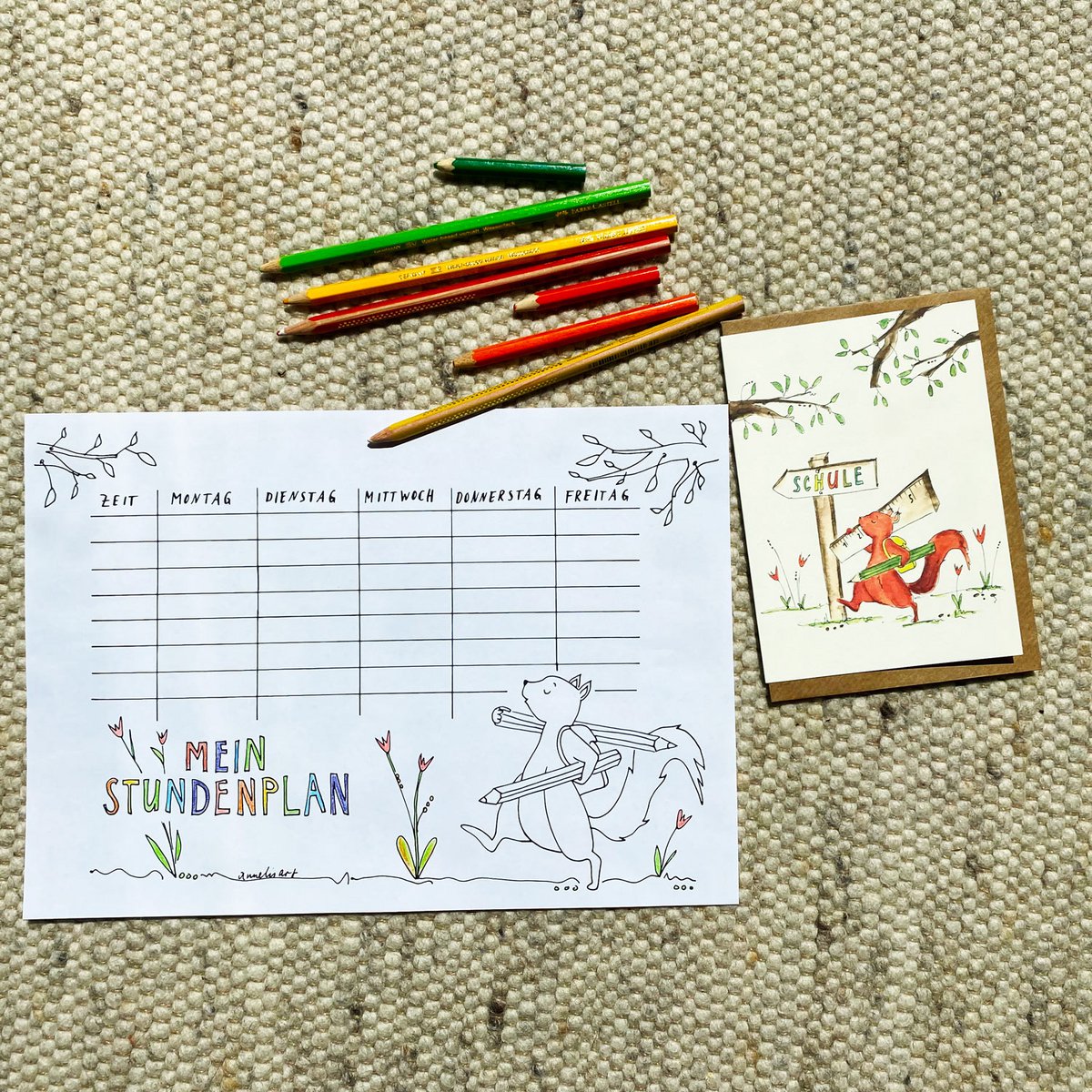 Cute school enrollment card with squirrel on the way to school adventure | Folded card + envelope