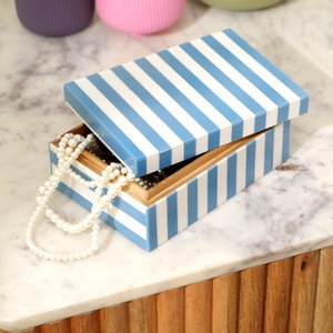 Blau gestreifte Harzbox, glänzende MDF-Aufbewahrungsdekoration, 17 cm