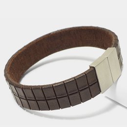 Brown leather bracelet with structured grid pattern, silver buckle closure, men's bangle