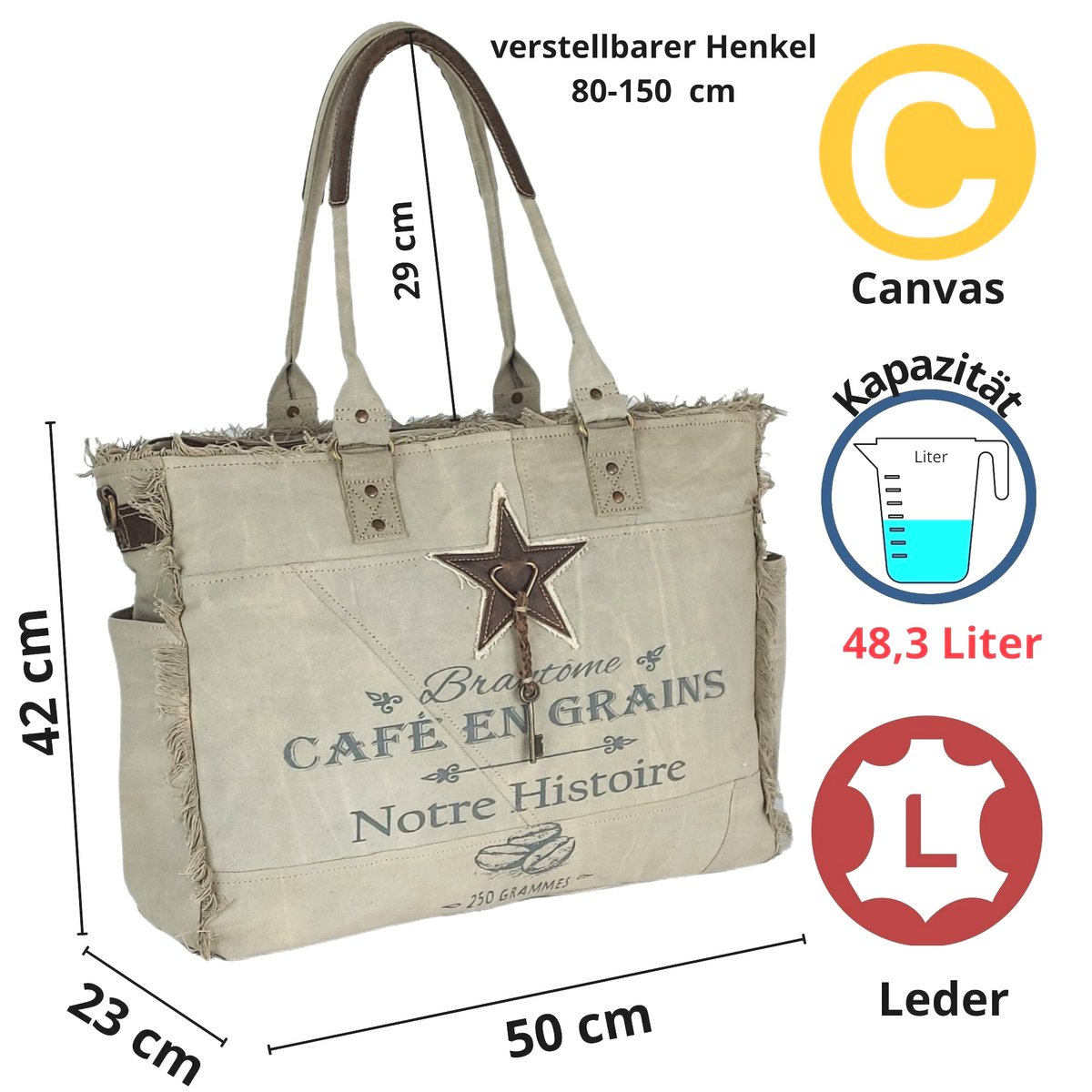 Sunsa dameshandtas. Schoudertas gemaakt van canvas en leer. Tas in vintage retrostijl. Grote shopper damestas als weekendtas.