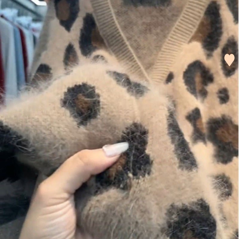 Leopard print tyk varm frakke Løs doven strikket cardigan sweater