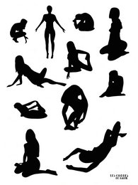 "Ink - Artist drawing poster, a poster featuring various silhouettes of people in different poses."
The image shows a collection of silhouettes depicting people in various poses, including sitting, standing, and reclining. The silhouettes suggest the poster is an artistic representation of the human form, likely intended for use as a drawing or painting reference. The poster would be suitable for artists, designers, or anyone interested in the study of the human figure.