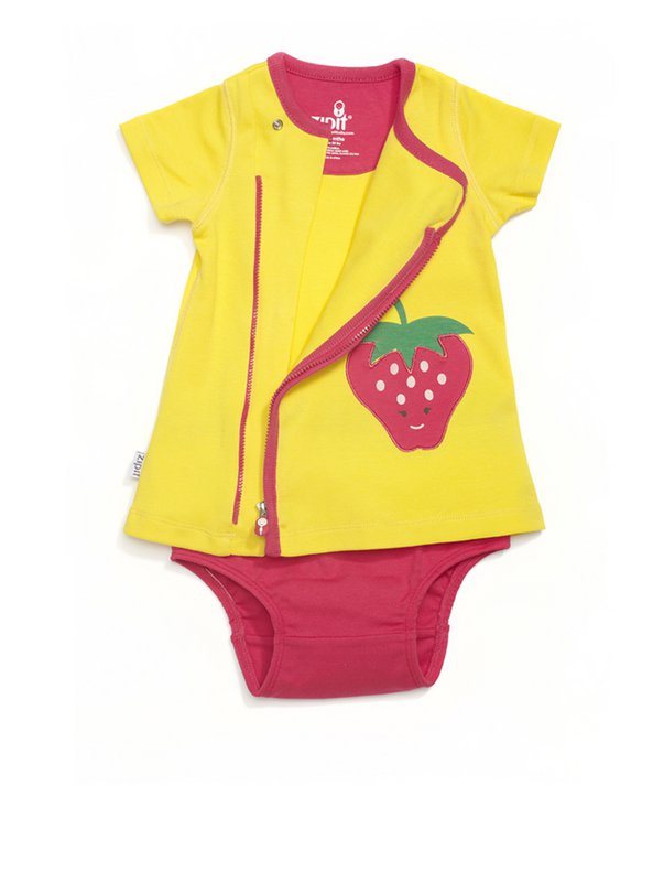 Zip-Up Strawberry Applique Pocket Dress