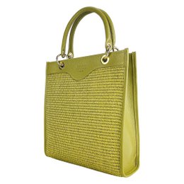 RB1026CM | Verticale dameshandtas van echt leer en stro, gemaakt in Italië. Afneembare en verstelbare lederen schouderband. Accessoires van gepolijst goud - Pistachekleur - Afmetingen: 24 x 29 x 9 cm