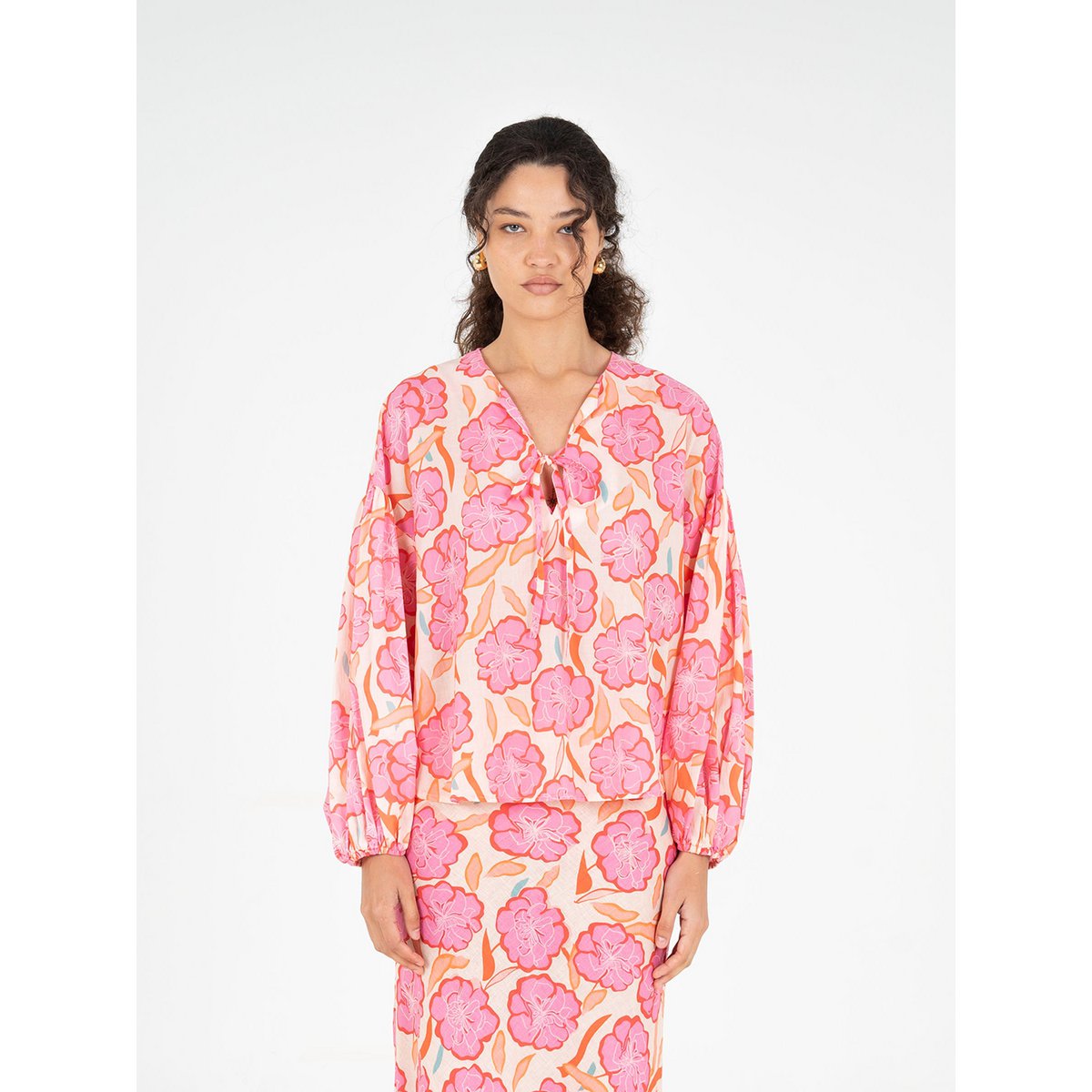 Goudsbloem roze bloemenprint blouse