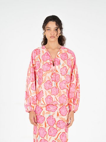 Goudsbloem roze bloemenprint blouse