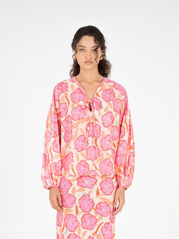 Goudsbloem roze bloemenprint blouse
