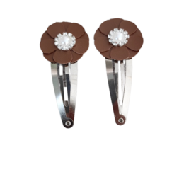 Set of 2 brown hair clips with white flower accents, suitable for kids' hair. Includes details on color, material, and style.
