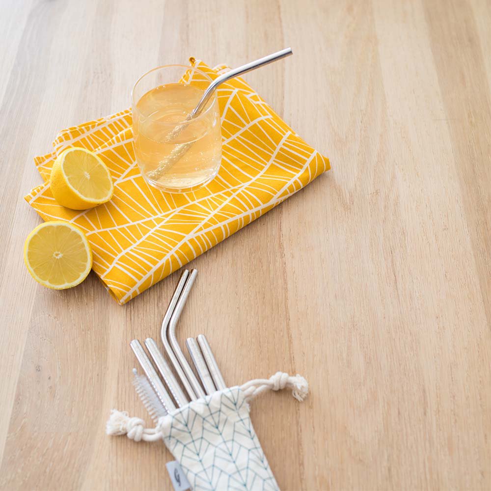 Set of 6 Gaspajoe stainless steel straws - 2 cubits, 2 smoothies, 2 cocktails with brush in organic cotton pouch