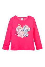  Bright pink long-sleeved children's t-shirt featuring a graphic of Lilo and Stitch characters from the Disney animated film.