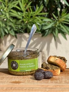 Groene olijvenpulp, basilicum en knoflook: mediterrane frisheid in 90 g 🌿🍈