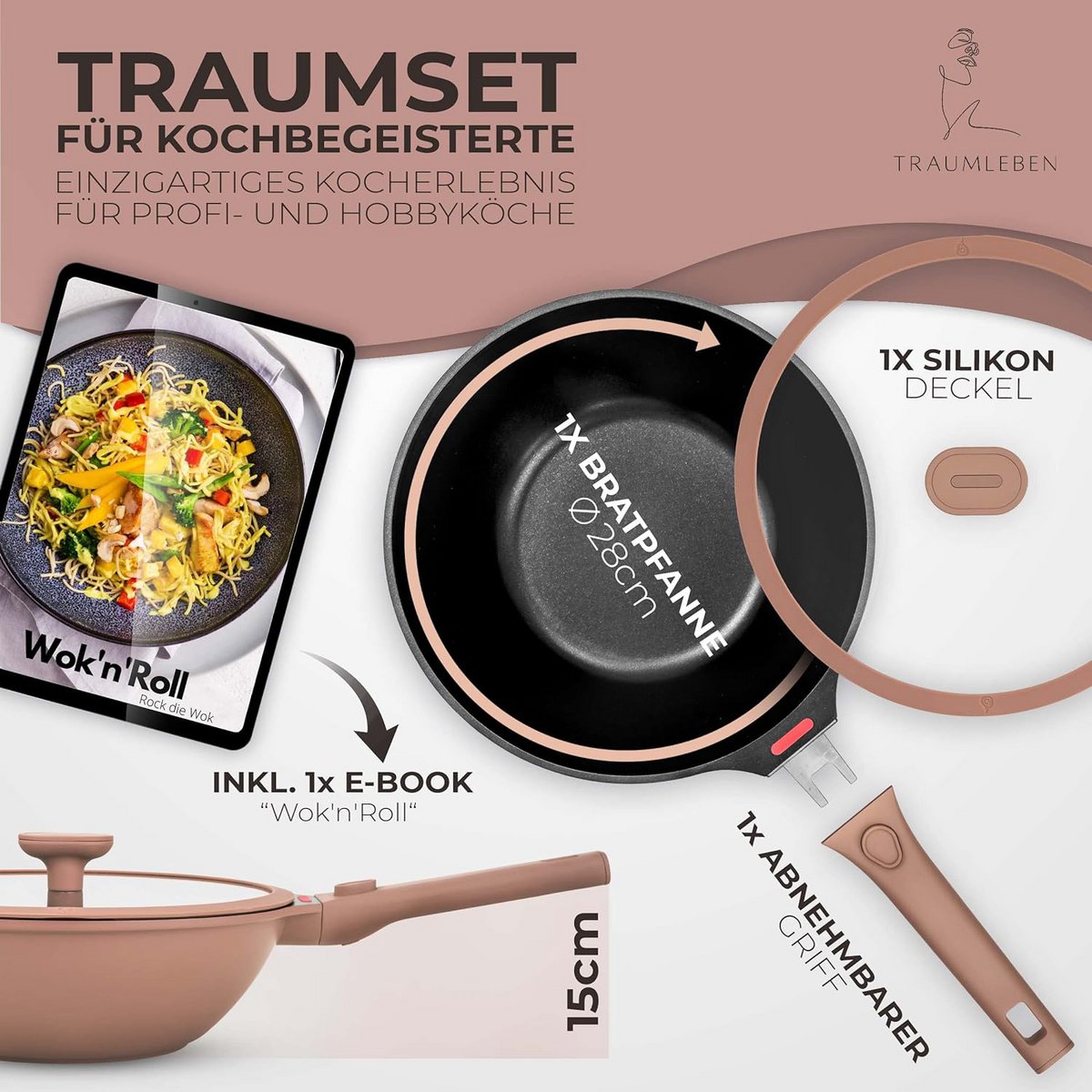 Wok PAN 28 cm, recubrimiento no de palo, manijas extraíbles, inducción, festival de horno (rosa)