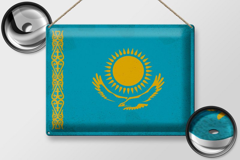 Signe en étain drapeau du Kazakhstan, 40x30cm, Vintage, Kazakhstan