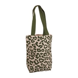 Sustainable tote bag with a baby leopard print design and olive green handles. Made of durable, eco-friendly materials.