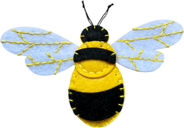 A fuzzy, yellow and black bee with wings and antennae. The bee appears to be part of a DIY craft kit, with additional components like felt pieces and tools shown in the second image.