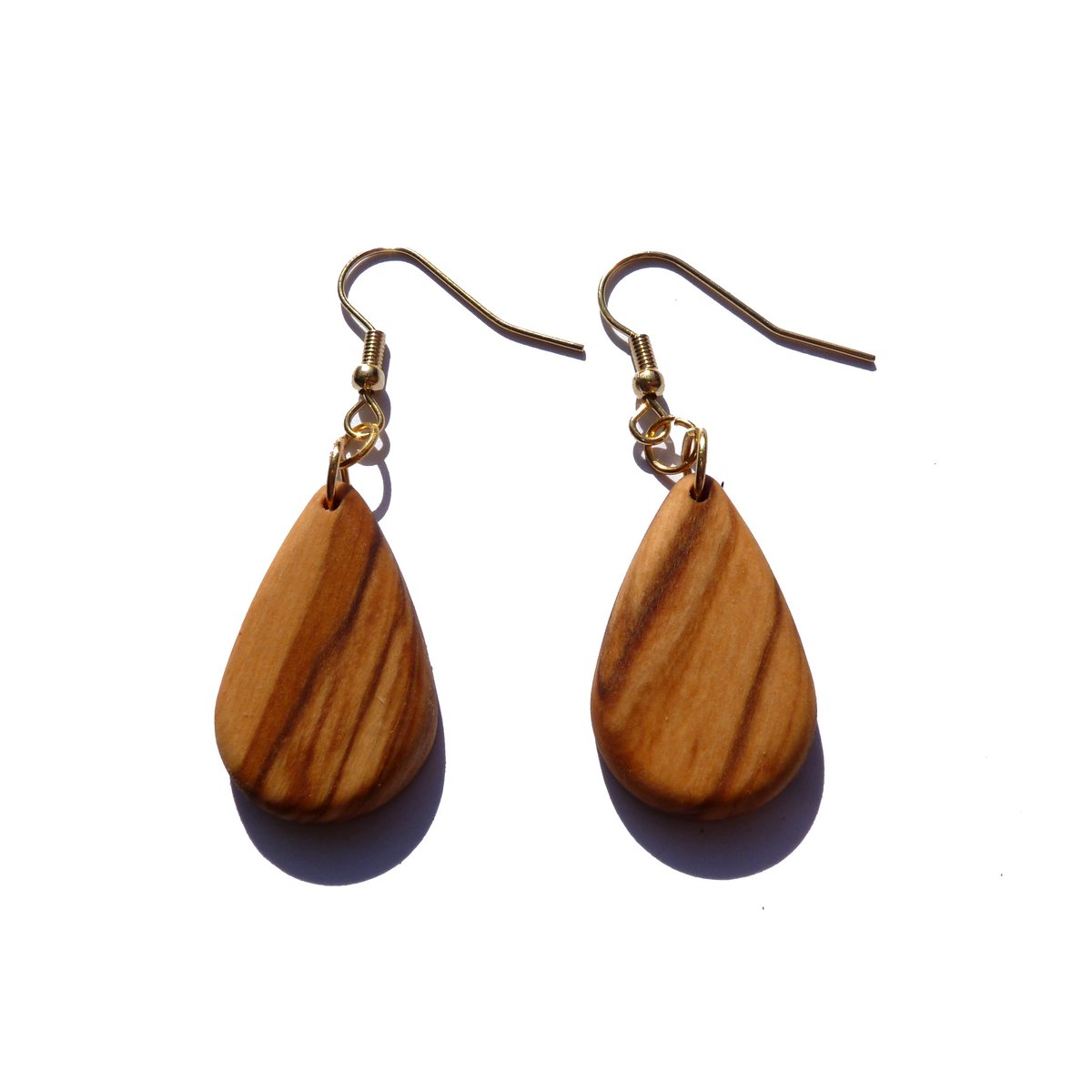 Boucles d'oreilles pendantes en forme de goutte en bois d'olivier remarquablement maîtrisé, très léger, surface huilée mate