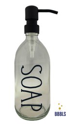 Transparent glass soap dispenser with stainless steel/metal black pump, 500ml capacity, suitable for bathroom vanity.