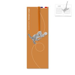 "Metal cat-shaped bookmark with orange ribbon for hanging. Decorative and functional for holding pages in books."