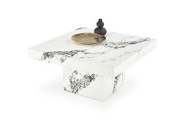White marble look coffee table, modern rectangular design, elegant veined surface, contemporary living room furniture.